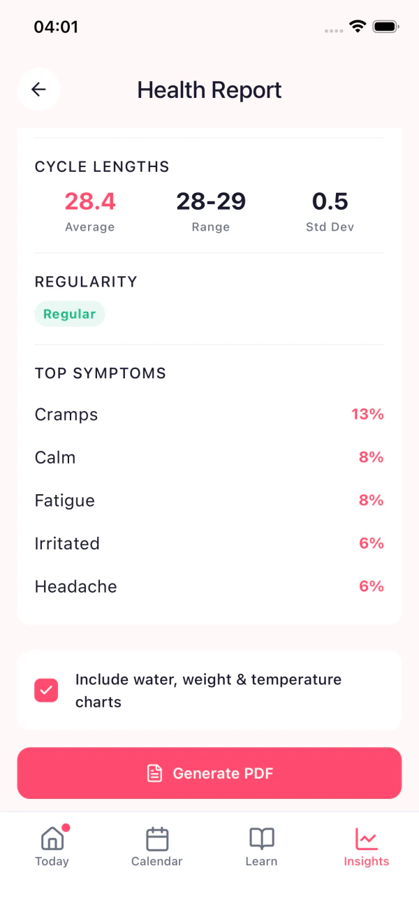 Health report PDF, app lock, and report generation (tertiary)