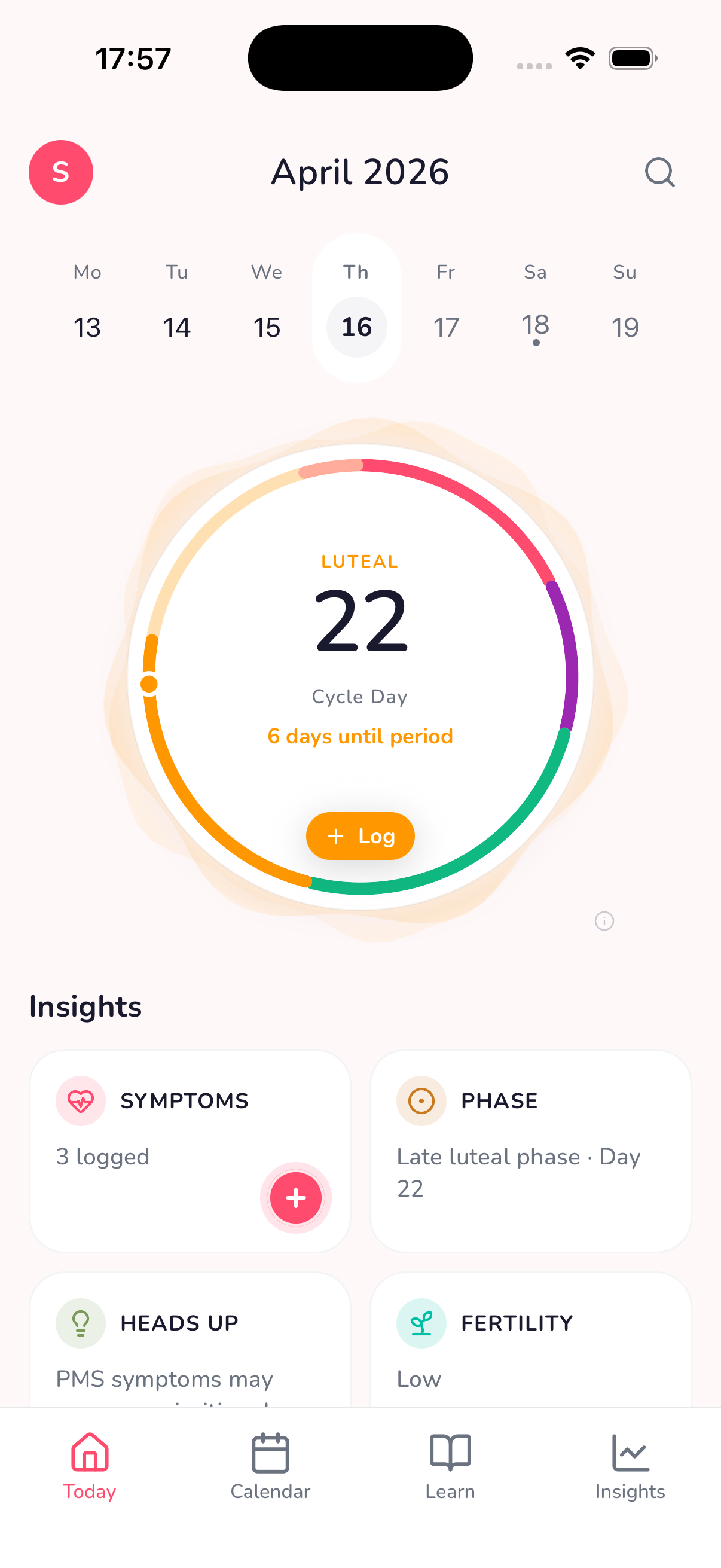 Veil dashboard showing cycle day, phase, and daily insights