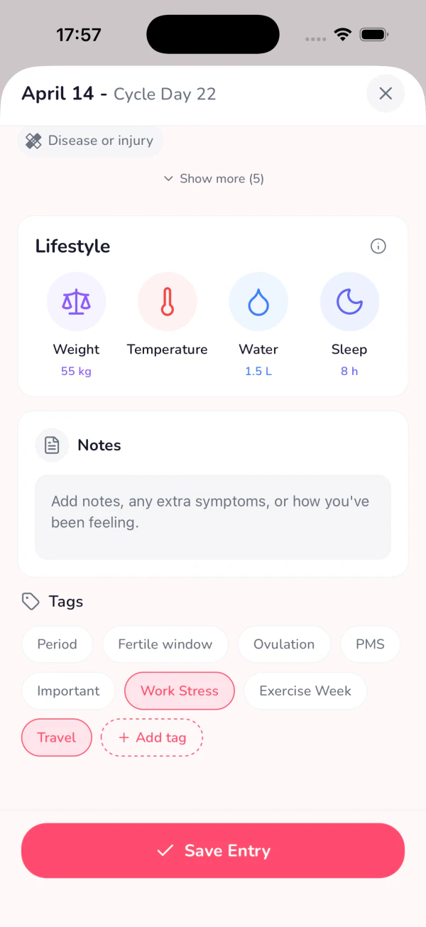Veil symptom logging screen (secondary)