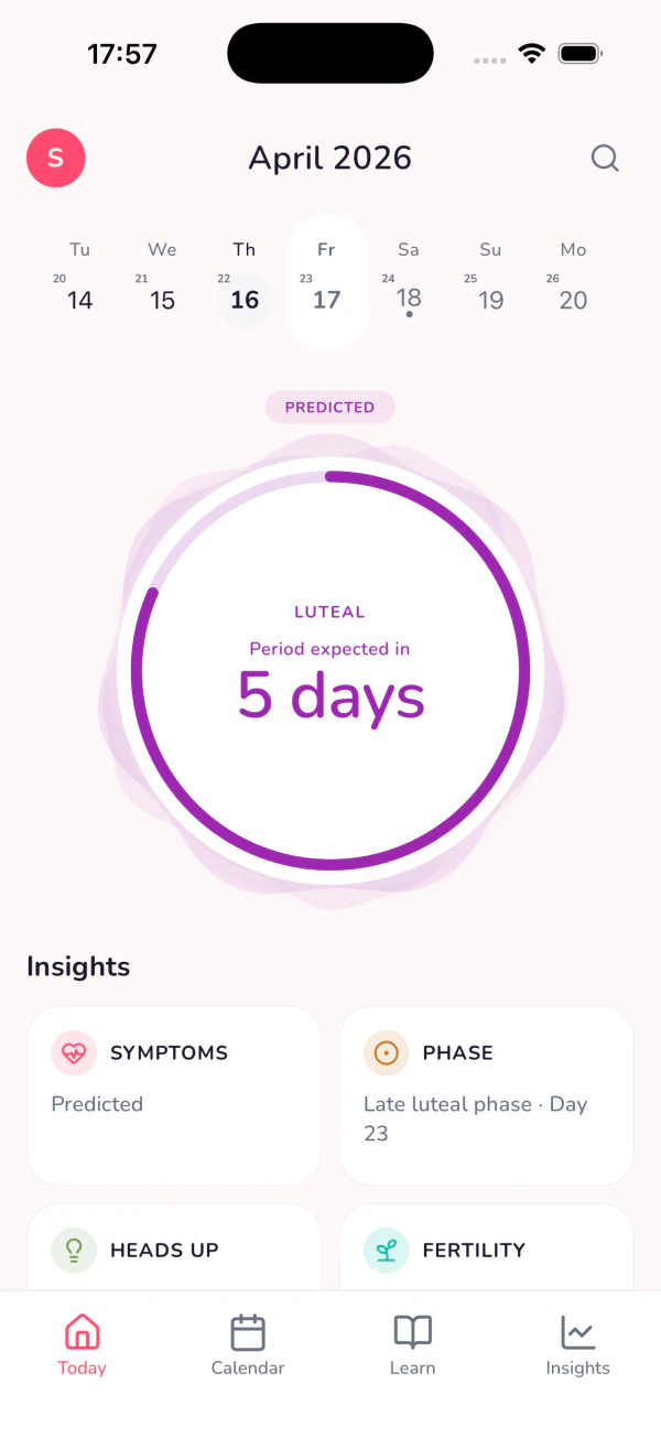 Veil home screen showing cycle ring and insights (tertiary)